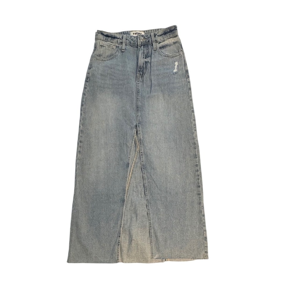 NWT High Rise Denim Maxi Skirt Light Wash Blue Distress Raw Hem Slit Size 24 / 0
